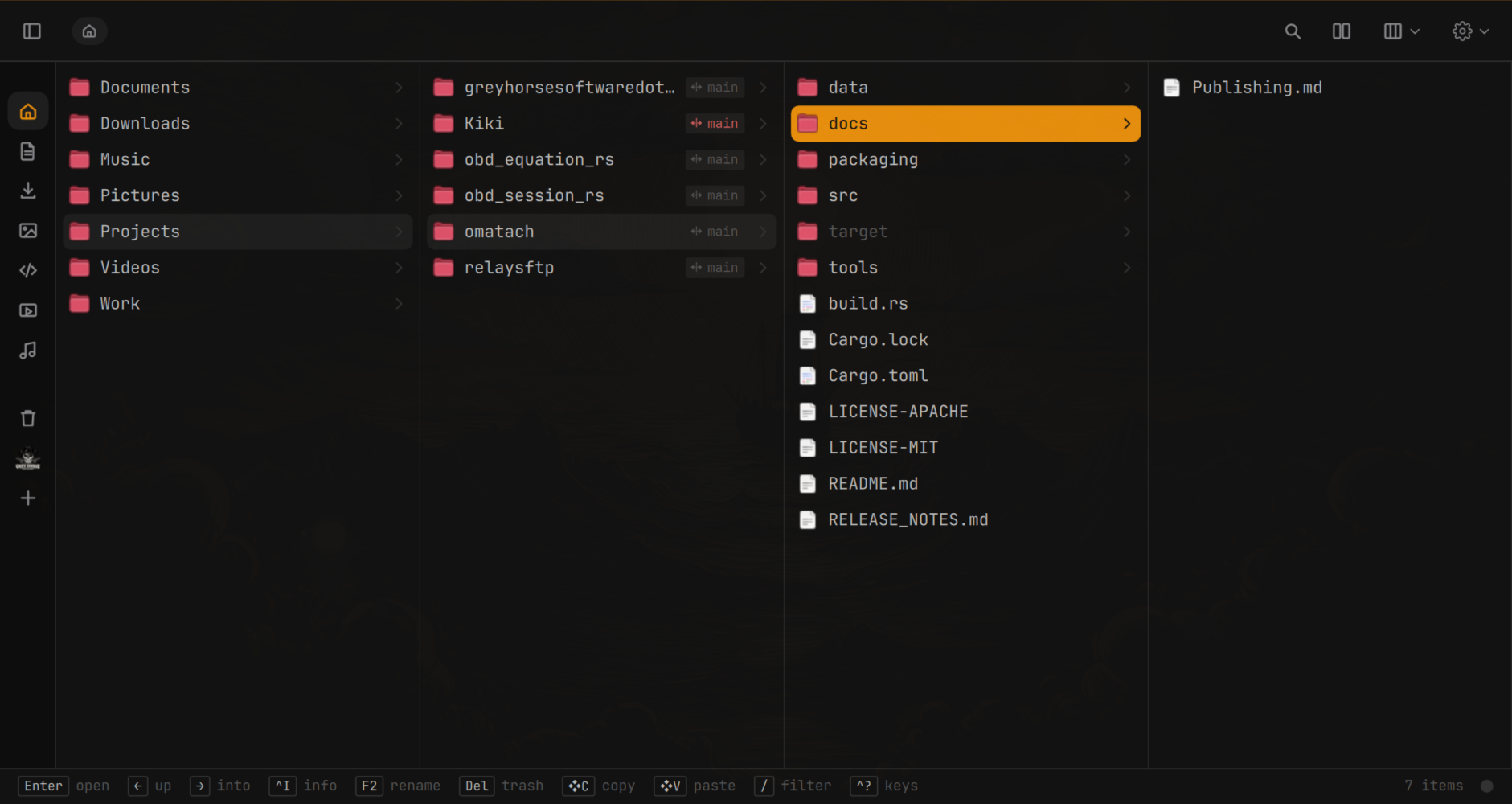 Kiki in columns view, each project folder showing its git branch