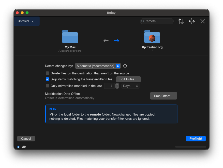 RelaySFTP on macOS, mirrored pane