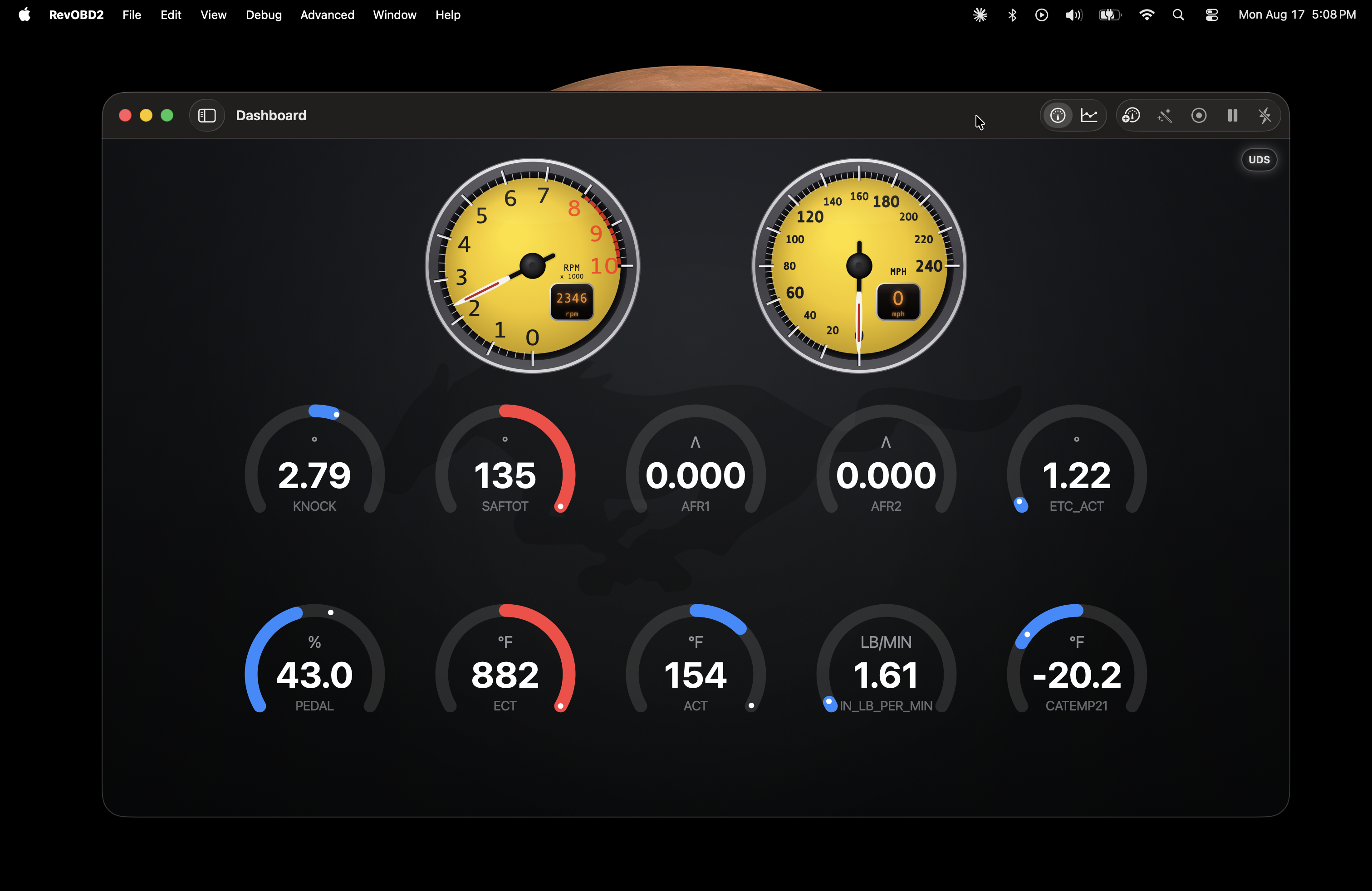 RevOBD2 live dashboard